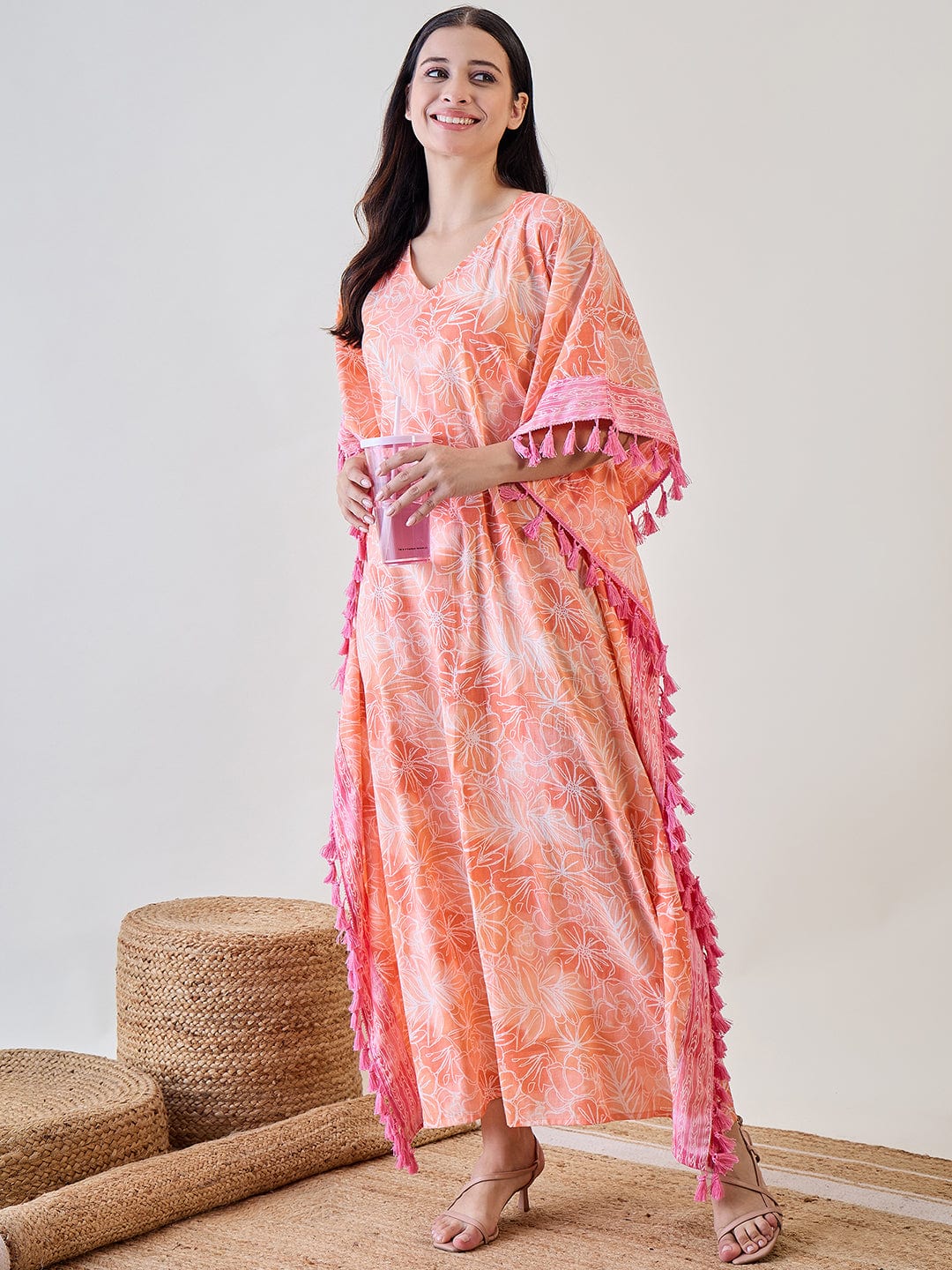 The Kaftan Company Kaftan Orange Abstract Floral Pink Tasseled Cotton Kaftan Nightdress