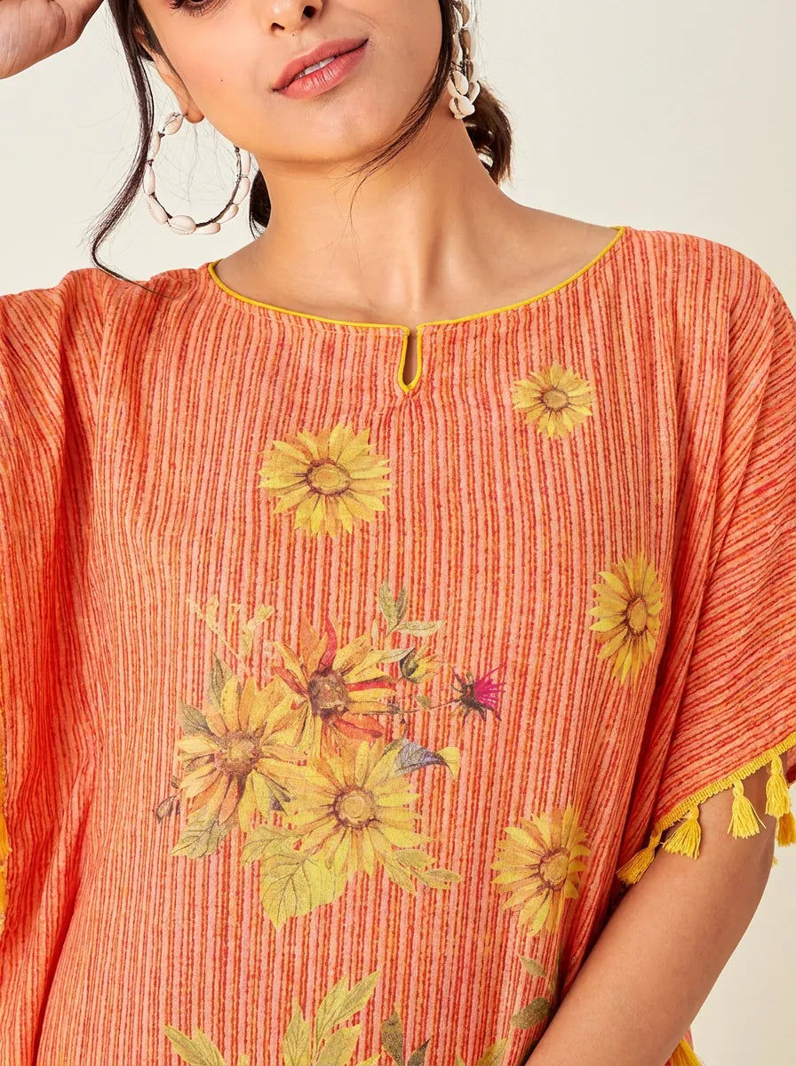 The Kaftan Company Kaftan Orange Sunflower Print Short Kaftan with Tassel Trim