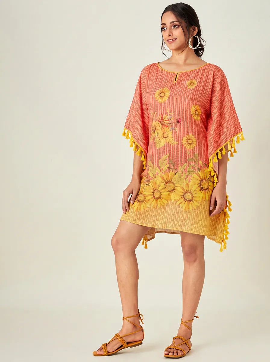 The Kaftan Company Kaftan Orange Sunflower Print Short Kaftan with Tassel Trim