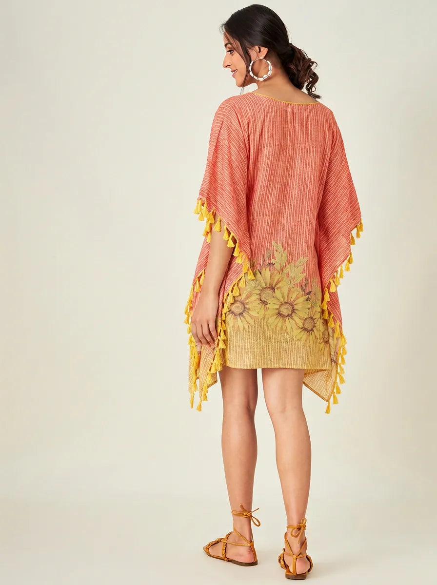 The Kaftan Company Kaftan Orange Sunflower Print Short Kaftan with Tassel Trim