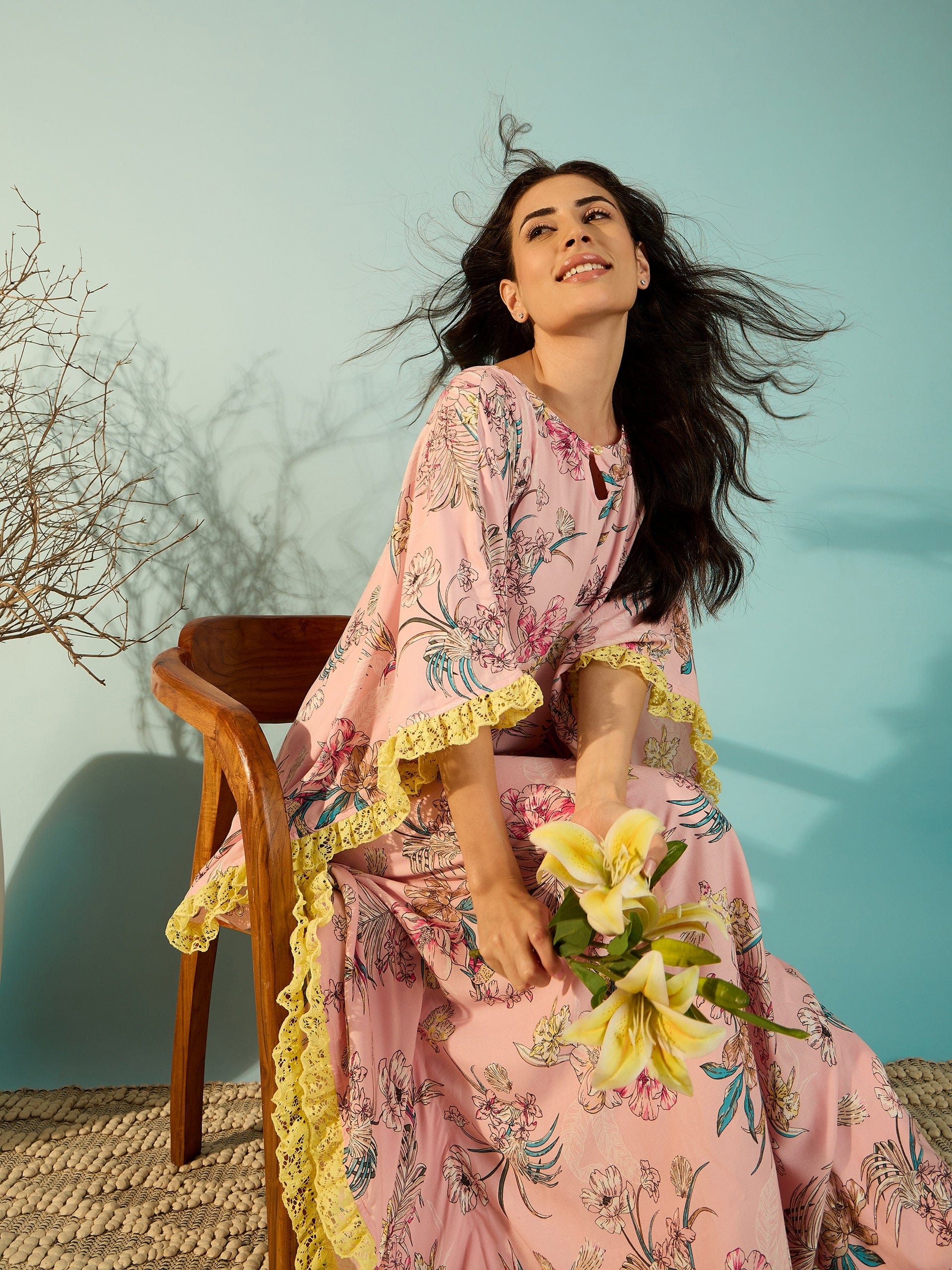 The Kaftan Company Kaftan Pastel Pink Floral Loungewear Kaftan Nighty For Women