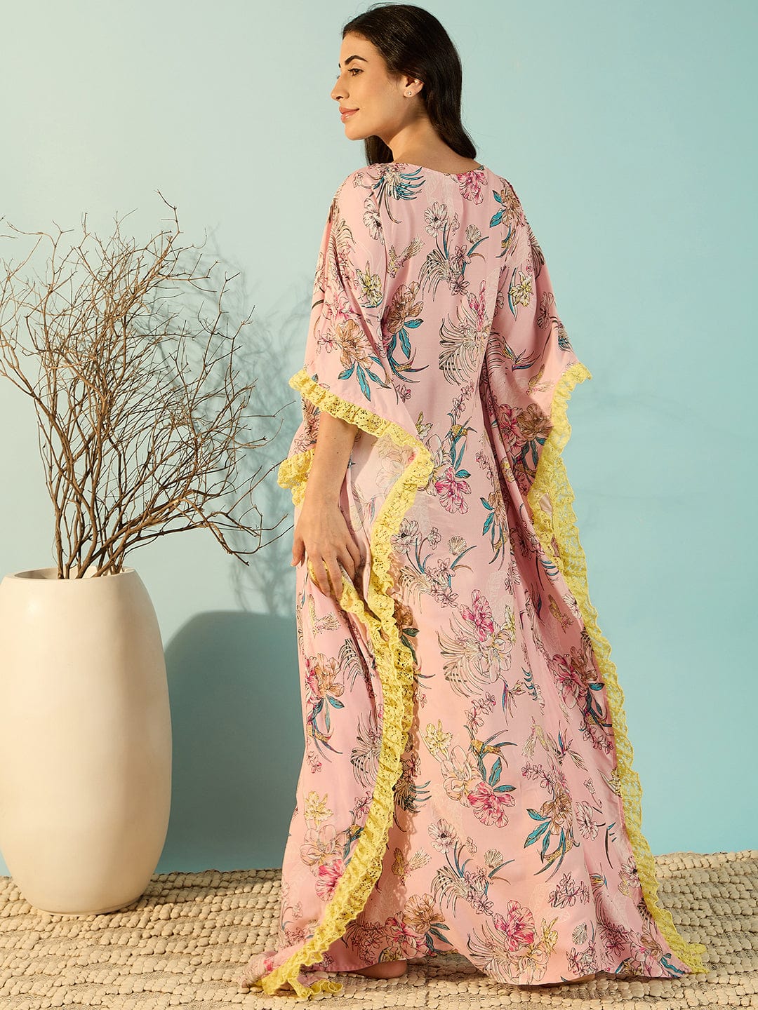 The Kaftan Company Kaftan Pastel Pink Floral Loungewear Kaftan Nighty For Women