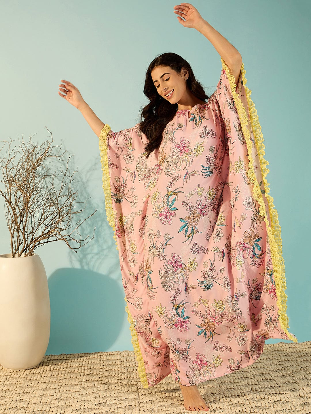 The Kaftan Company Kaftan Pastel Pink Floral Loungewear Kaftan Nighty For Women