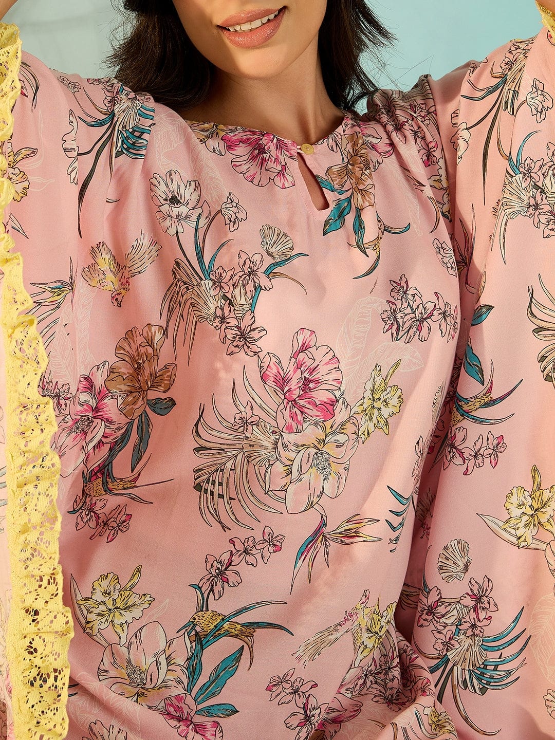 The Kaftan Company Kaftan Pastel Pink Floral Loungewear Kaftan Nighty For Women