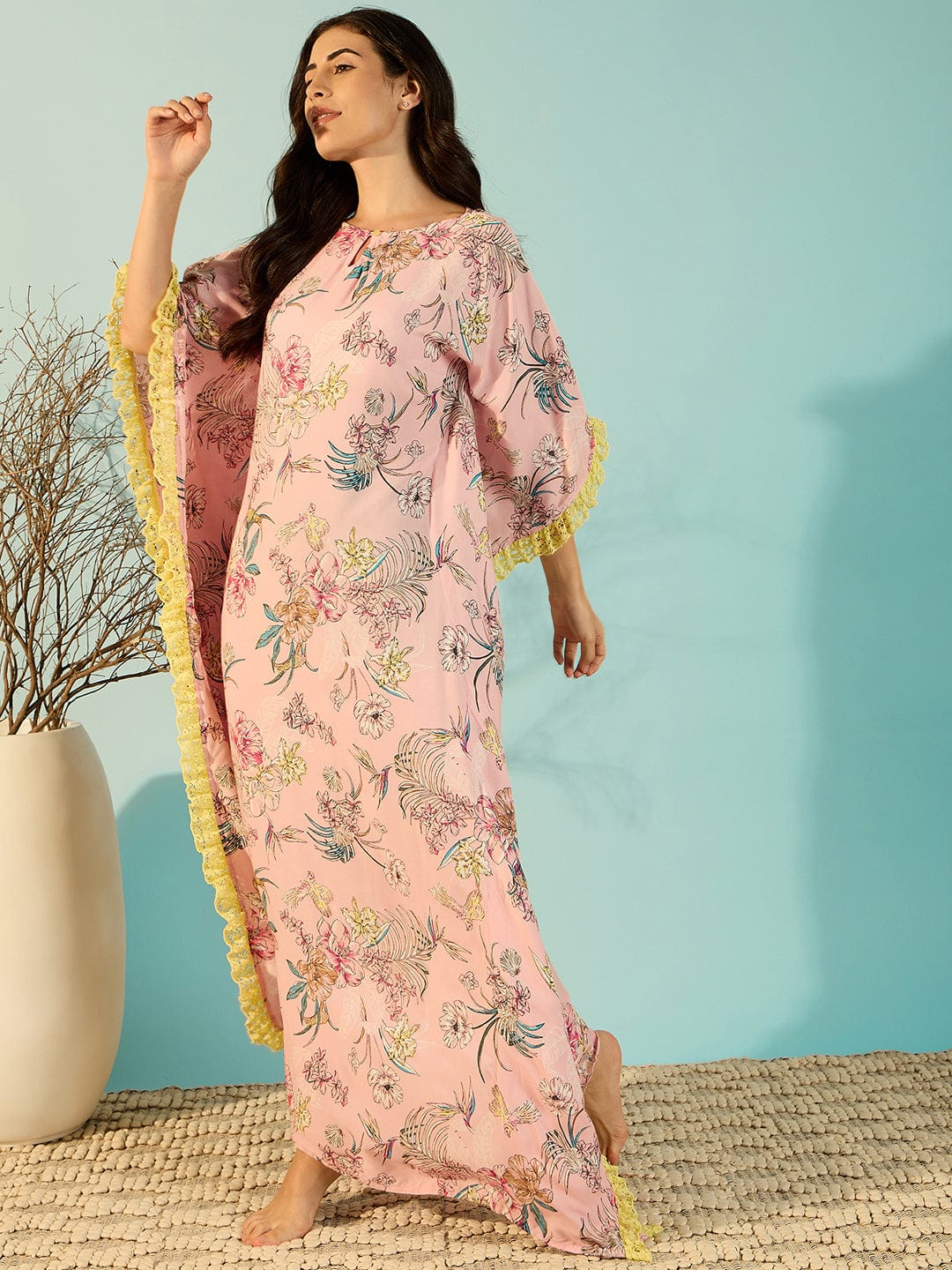 The Kaftan Company Kaftan Pastel Pink Floral Loungewear Kaftan Nighty For Women