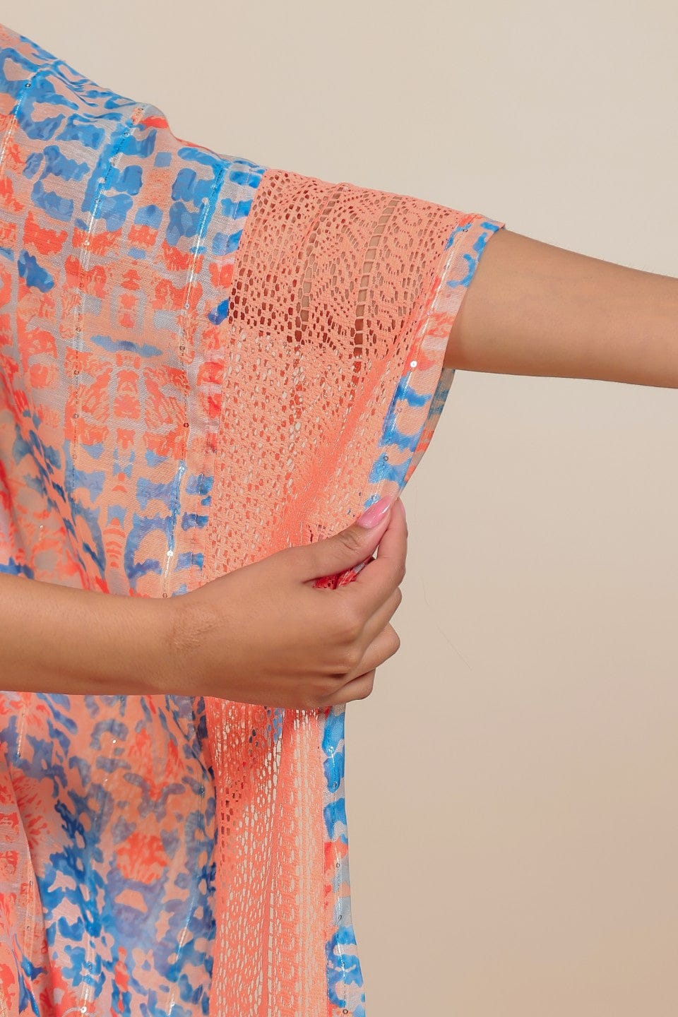 The Kaftan Company Kaftan Peach and Blue Abstract Printed Kaftan Nightdress with Slip Inner