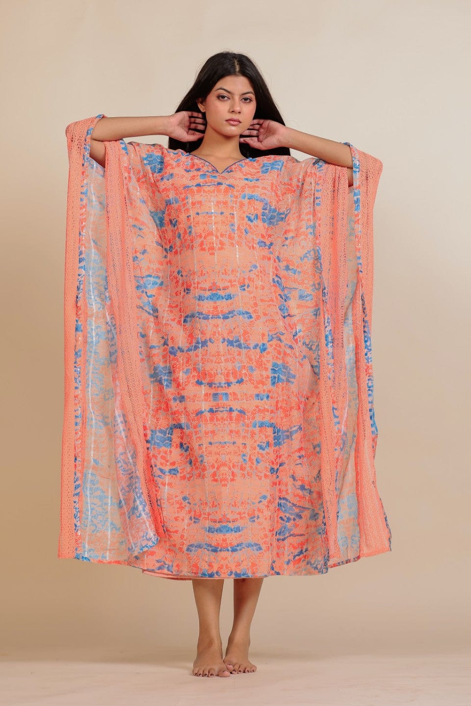 The Kaftan Company Kaftan Peach and Blue Abstract Printed Kaftan Nightdress with Slip Inner