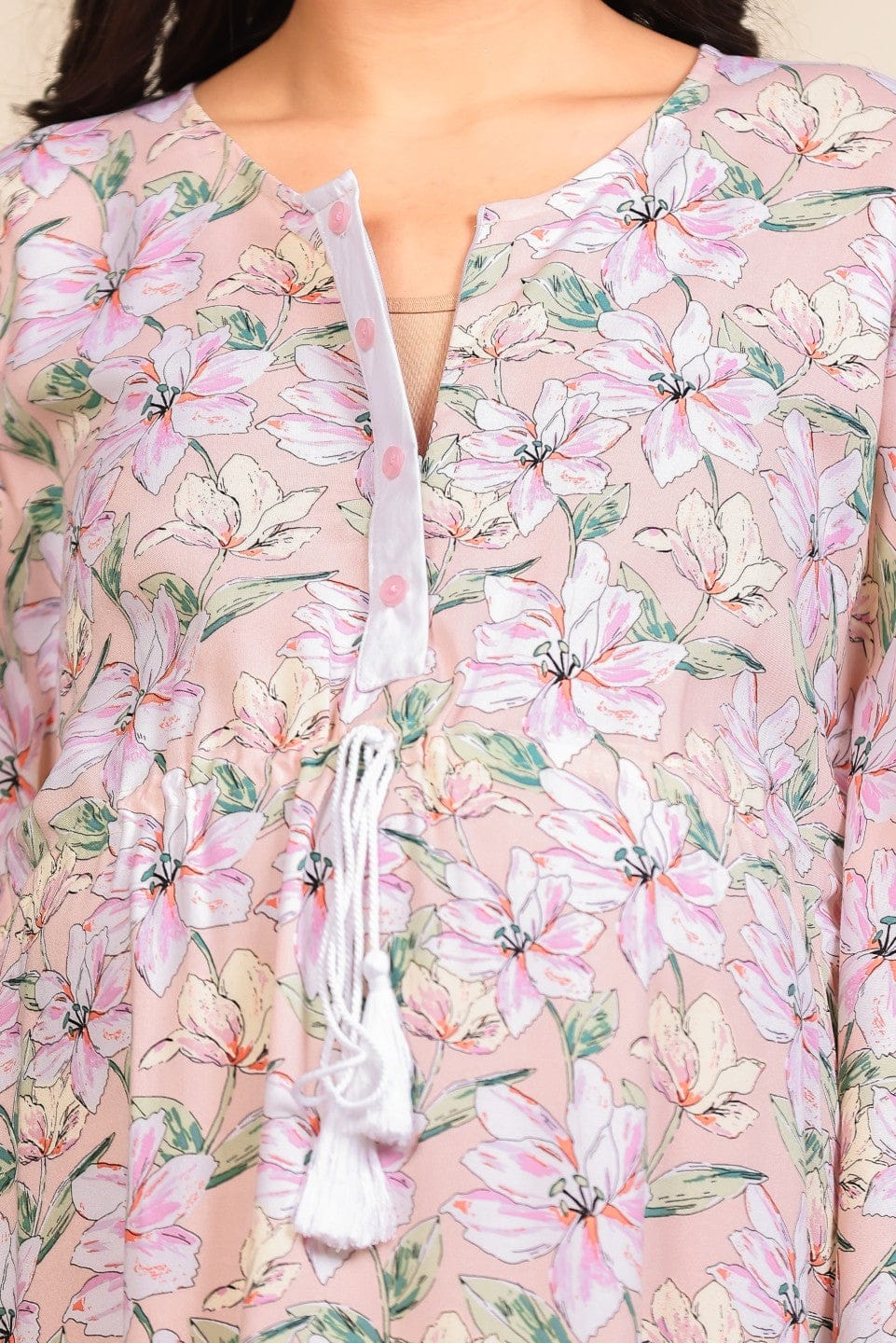 The Kaftan Company Kaftan Peach Floral Print Viscose Maternity Kaftan with Tassel and Lace Details