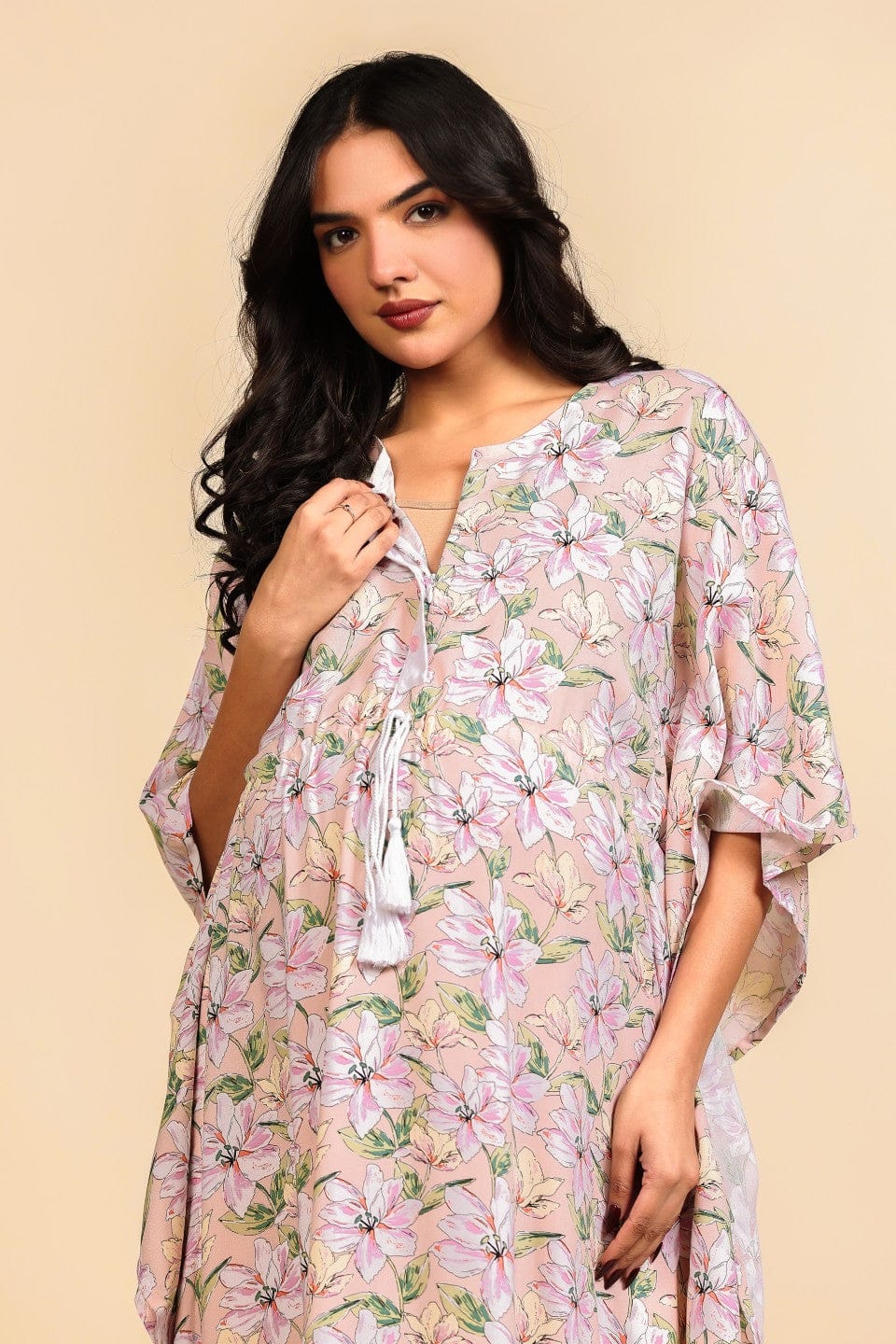 The Kaftan Company Kaftan Peach Floral Print Viscose Maternity Kaftan with Tassel and Lace Details