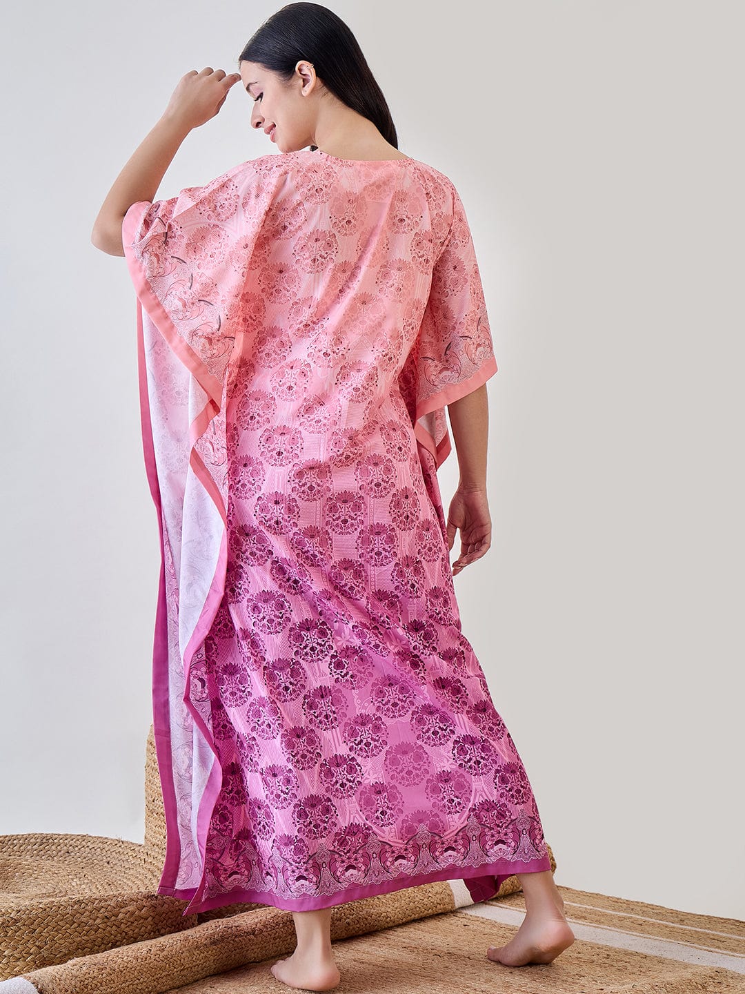 The Kaftan Company Kaftan Peach Intricate Printed Crepe Kaftan Nightdress