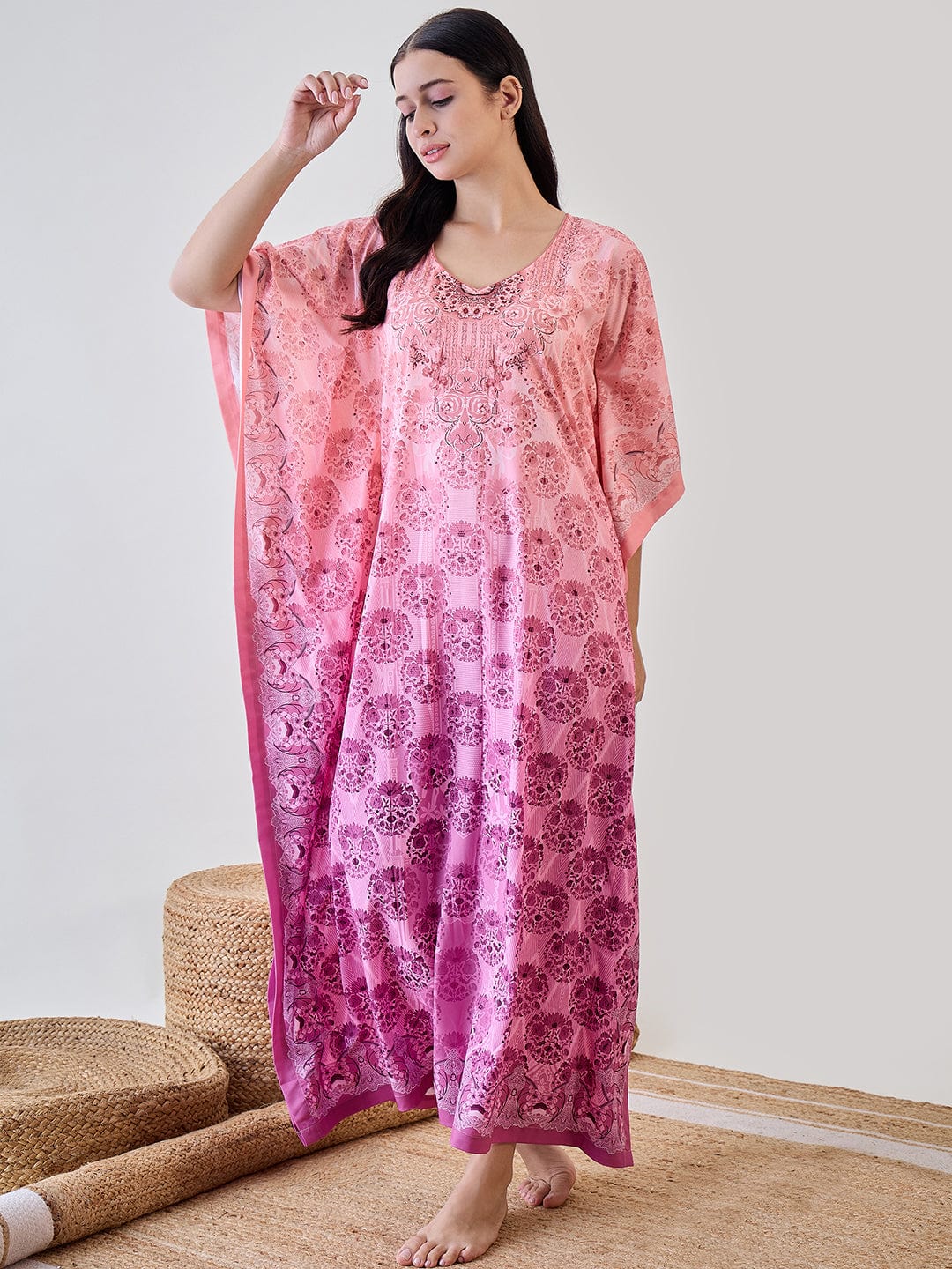 The Kaftan Company Kaftan Peach Intricate Printed Crepe Kaftan Nightdress