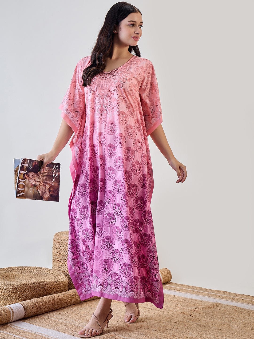 The Kaftan Company Kaftan Peach Intricate Printed Crepe Kaftan Nightdress