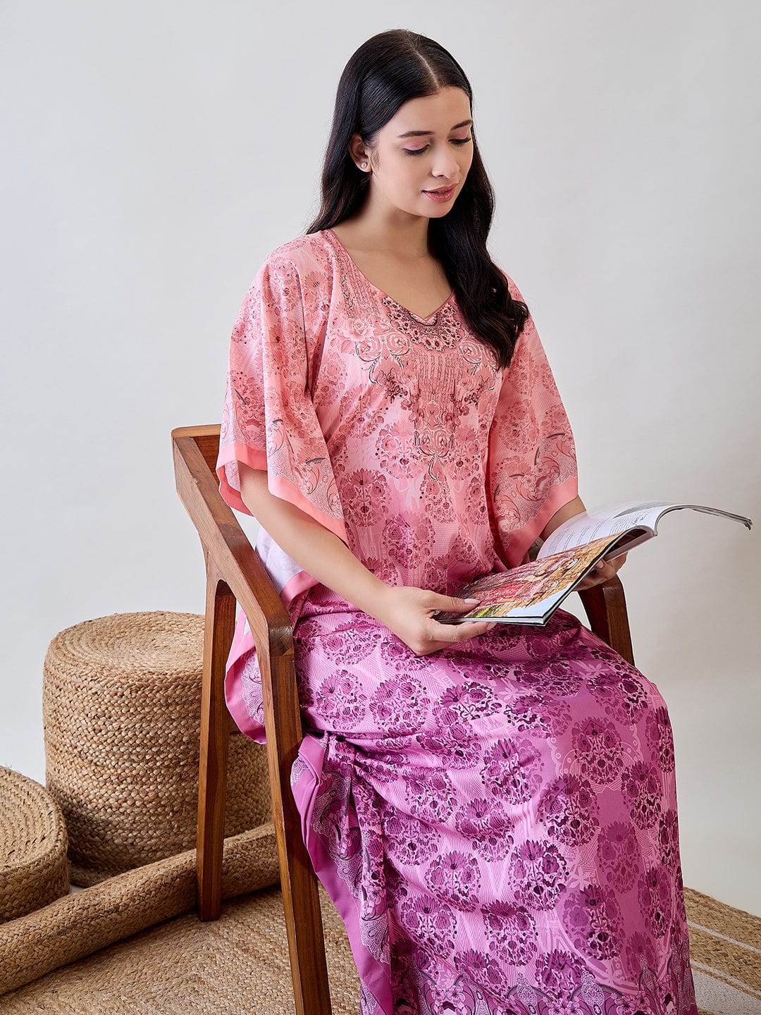 The Kaftan Company Kaftan Peach Intricate Printed Crepe Kaftan Nightdress