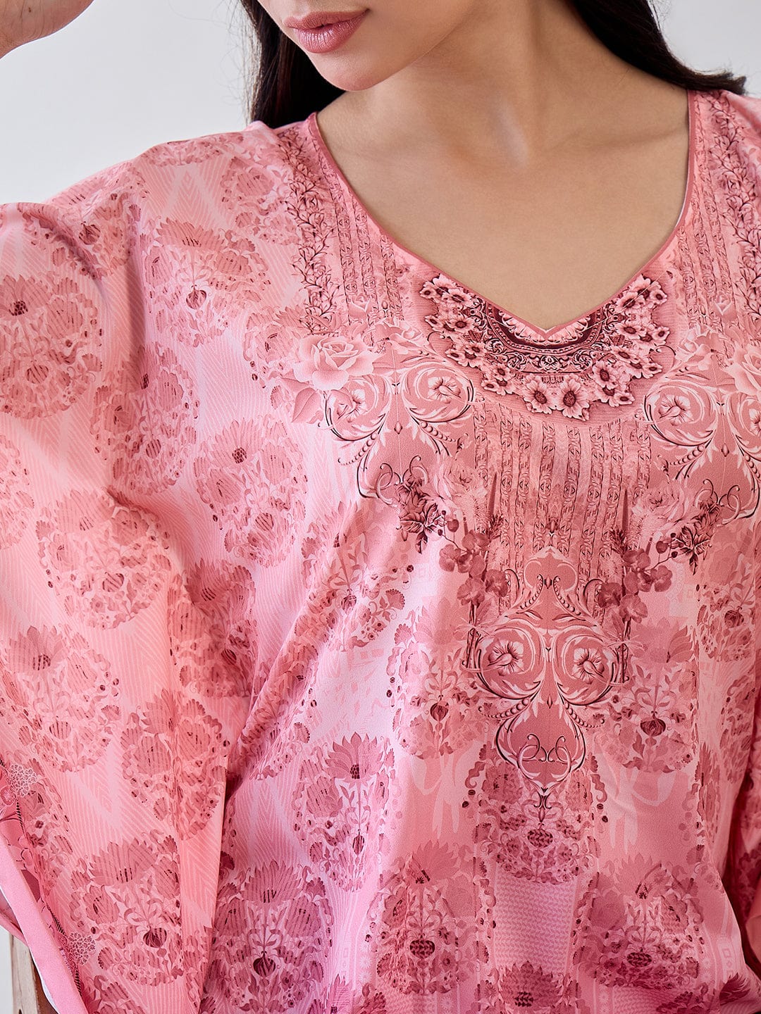 The Kaftan Company Kaftan Peach Intricate Printed Crepe Kaftan Nightdress