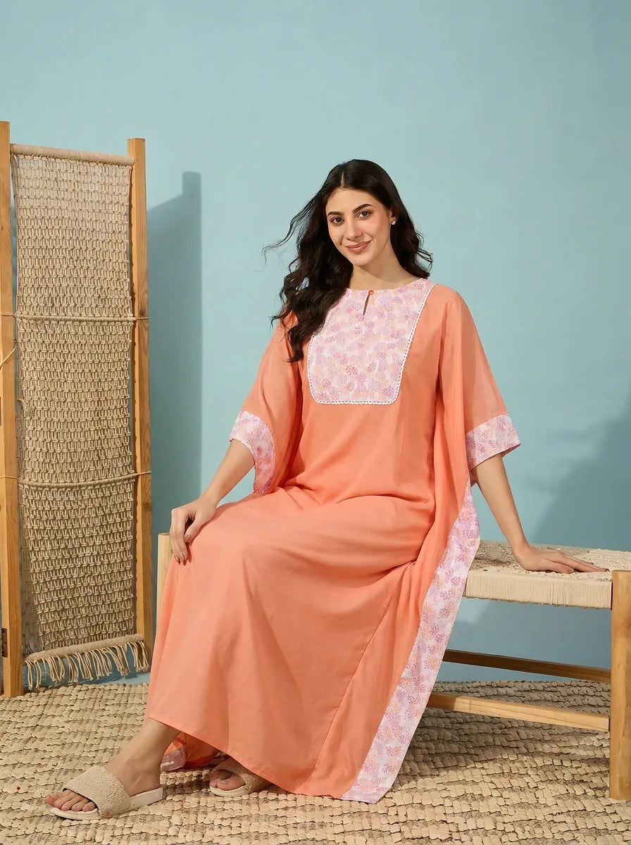 The Kaftan Company Kaftan Peach Modal Kaftan with Floral Yoke and Lace Trim