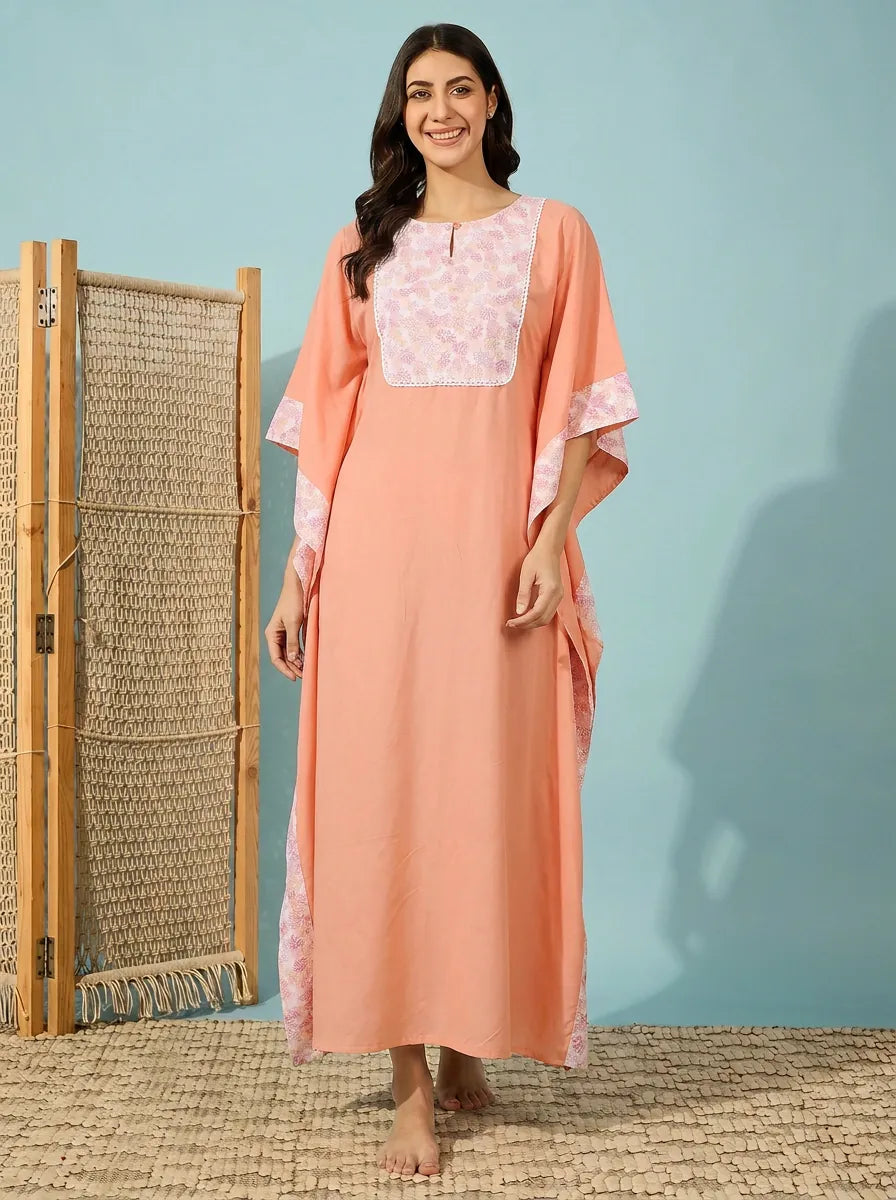The Kaftan Company Kaftan Peach Modal Kaftan with Floral Yoke and Lace Trim