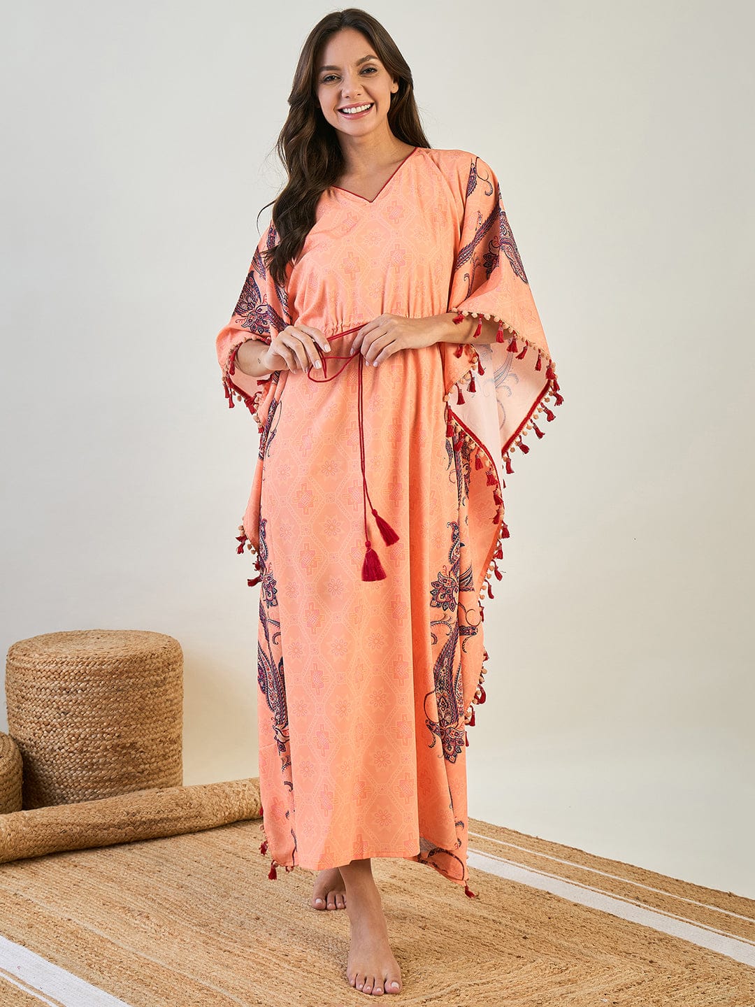 The Kaftan Company Kaftan Peach Paisley Border Kaftan