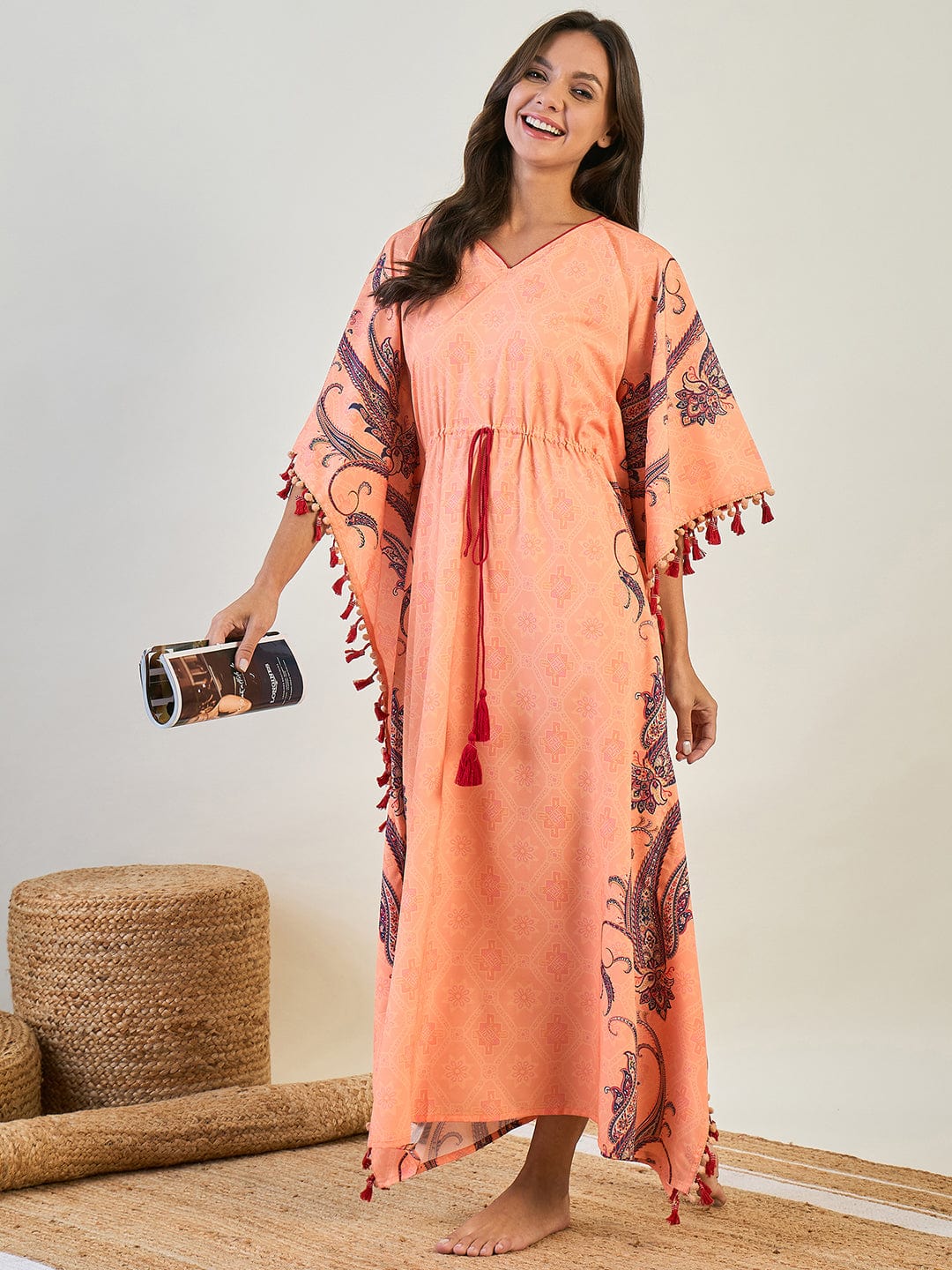 The Kaftan Company Kaftan Peach Paisley Border Kaftan