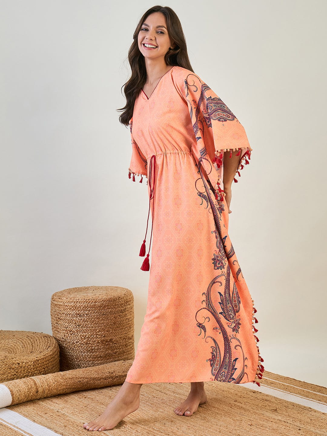 The Kaftan Company Kaftan Peach Paisley Border Kaftan