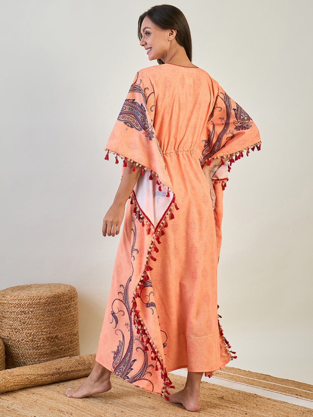 The Kaftan Company Kaftan Peach Paisley Border Kaftan