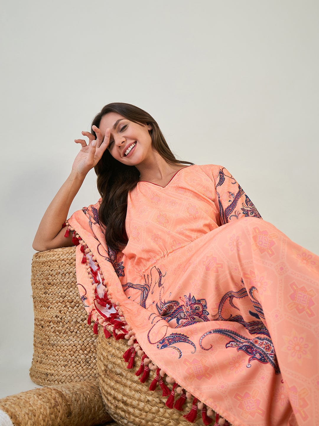 The Kaftan Company Kaftan Peach Paisley Border Kaftan