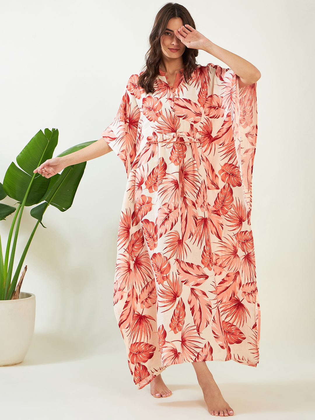 The Kaftan Company Kaftan Peach Tropical Cotton Tie Up Kaftan