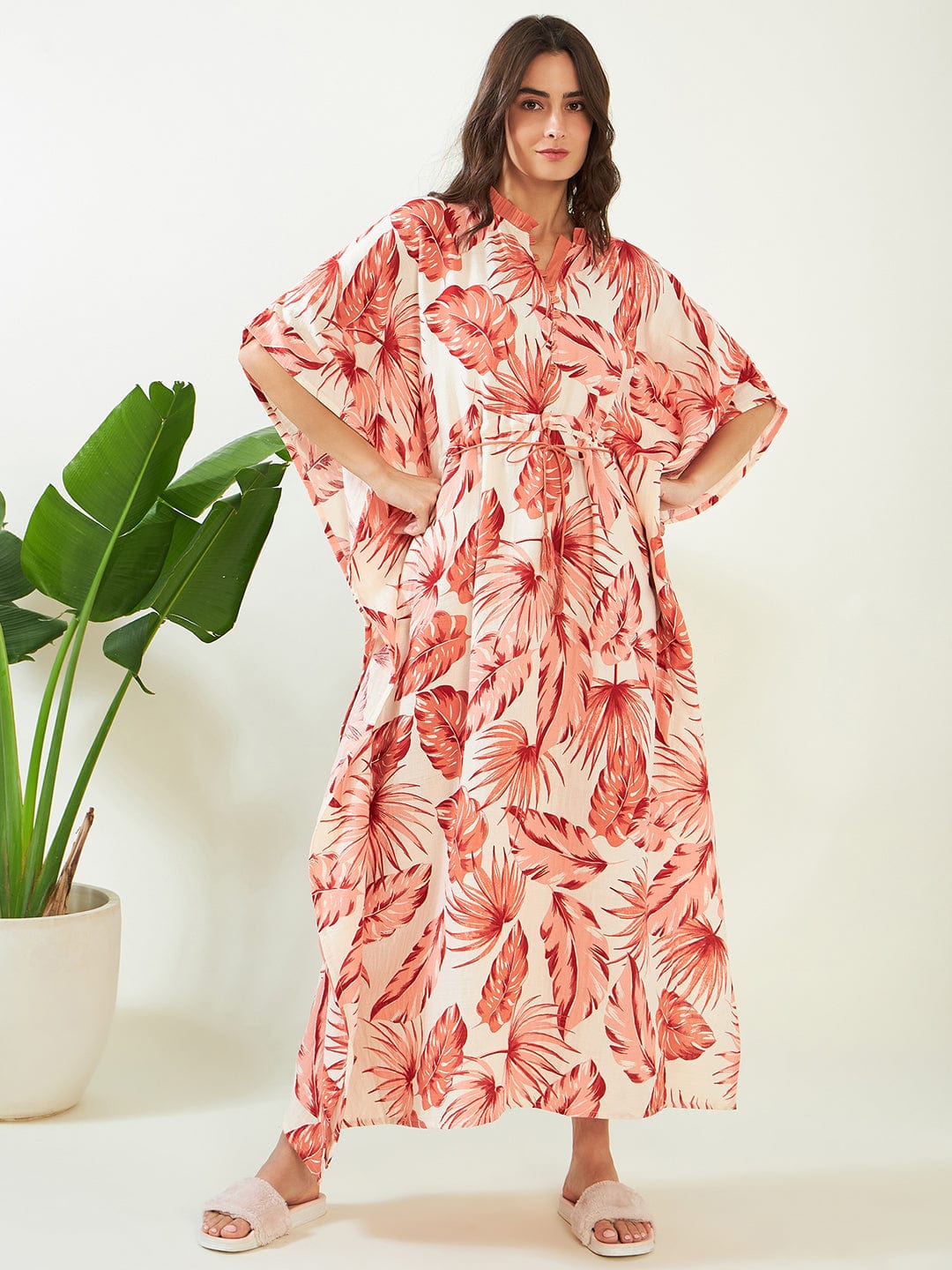 The Kaftan Company Kaftan Peach Tropical Cotton Tie Up Kaftan