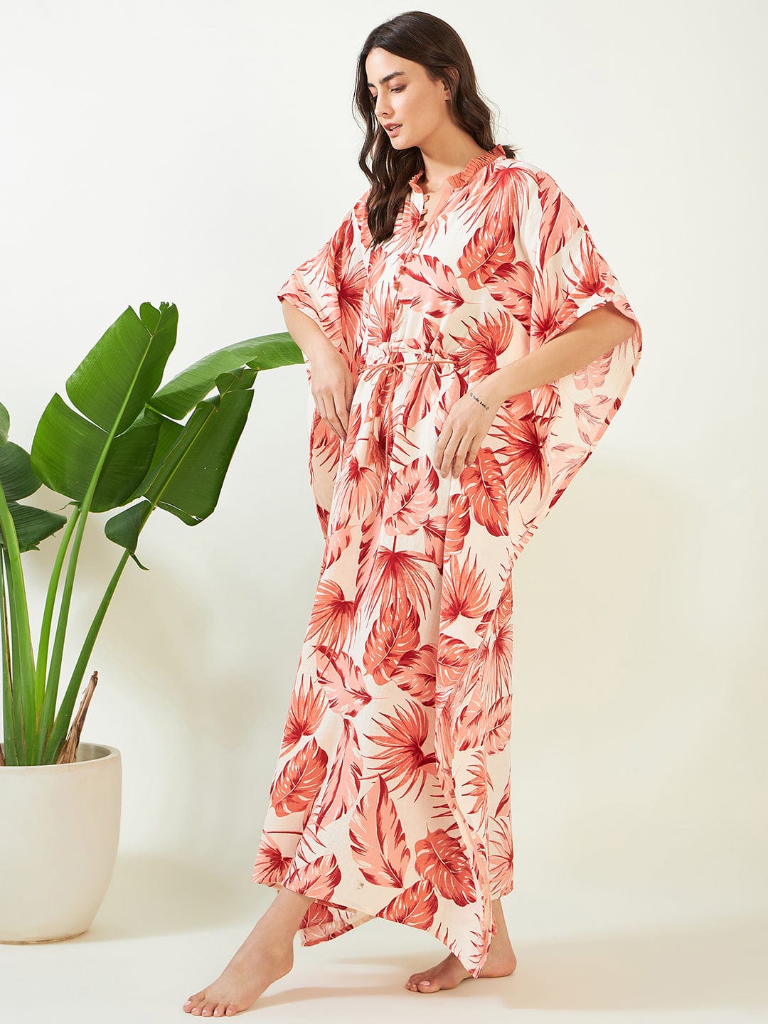 The Kaftan Company Kaftan Peach Tropical Cotton Tie Up Kaftan