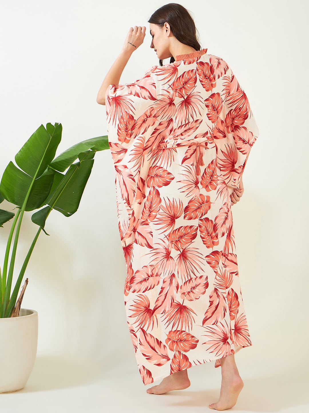 The Kaftan Company Kaftan Peach Tropical Cotton Tie Up Kaftan