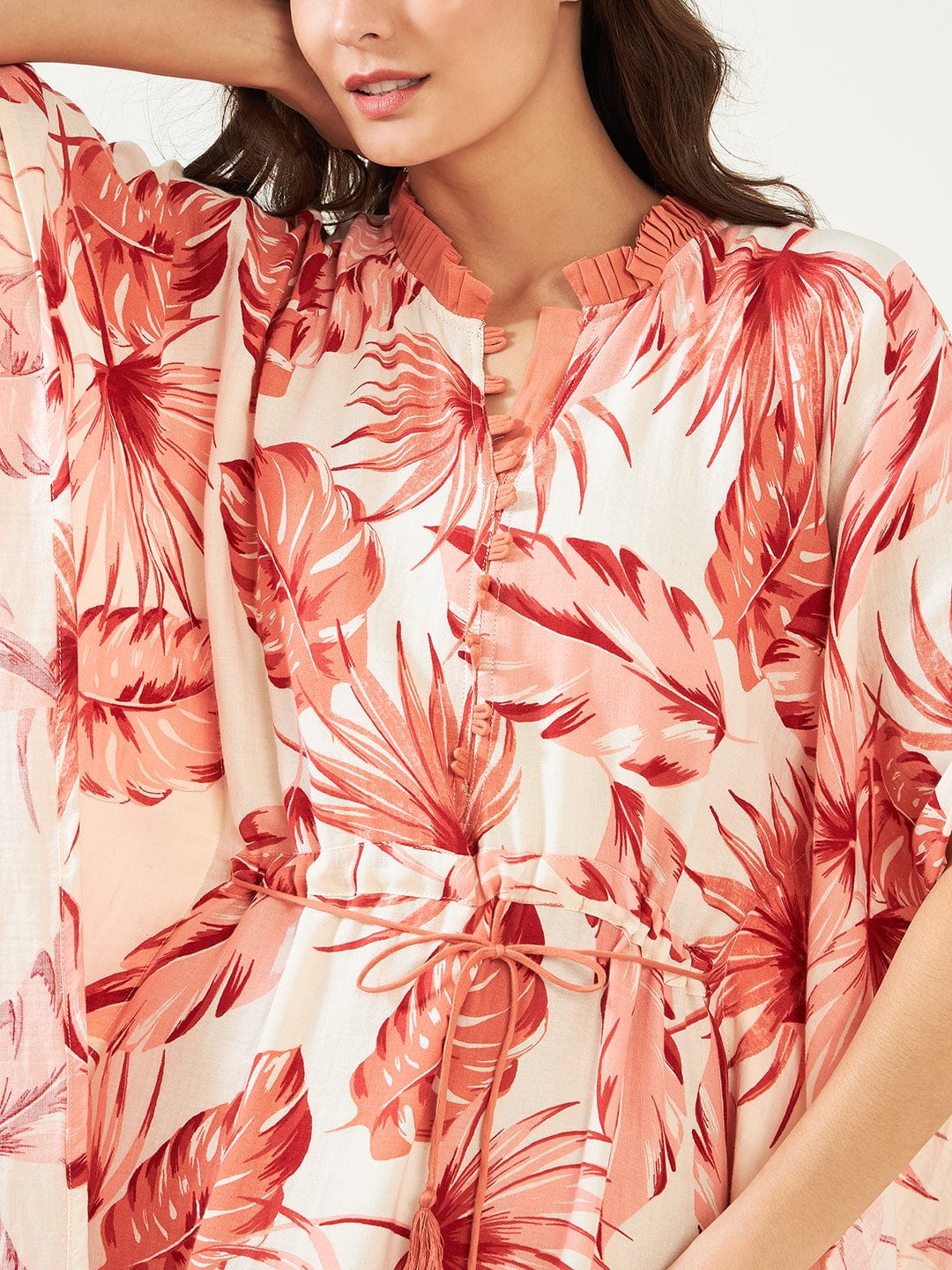The Kaftan Company Kaftan Peach Tropical Cotton Tie Up Kaftan