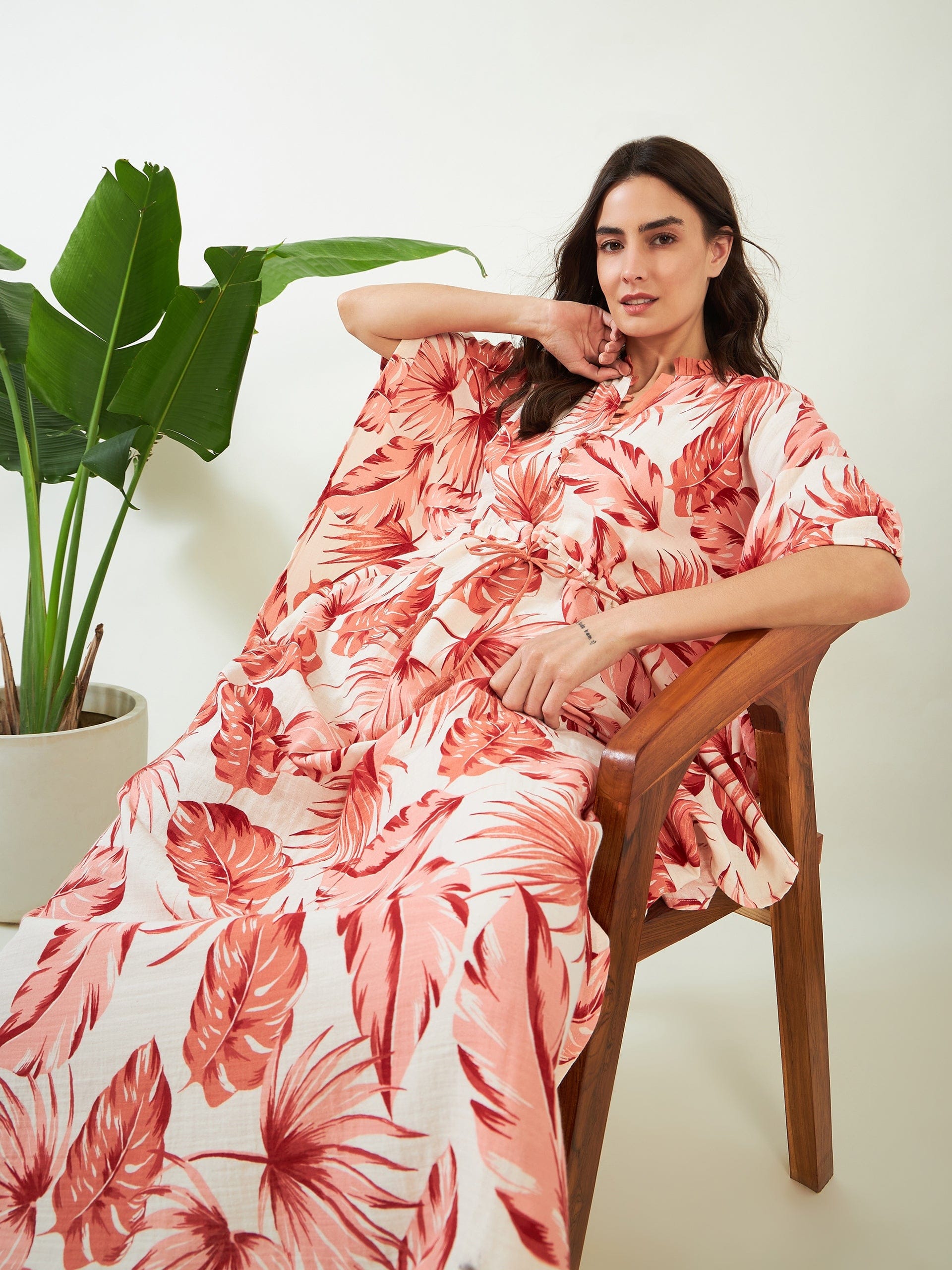 The Kaftan Company Kaftan Peach Tropical Cotton Tie Up Kaftan
