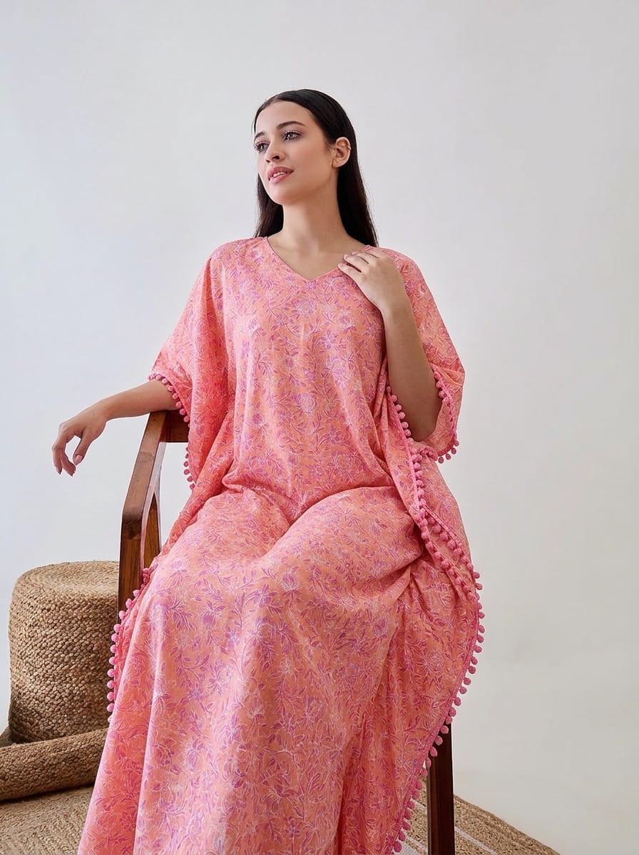 The Kaftan Company Kaftan Pink Abstract Floral Cotton Kaftan Nightdress