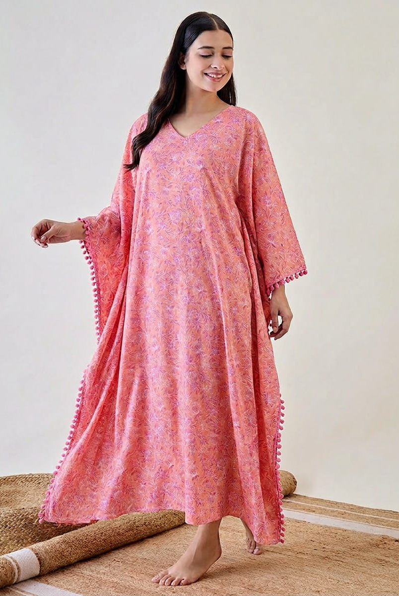 The Kaftan Company Kaftan Pink Abstract Floral Cotton Kaftan Nightdress