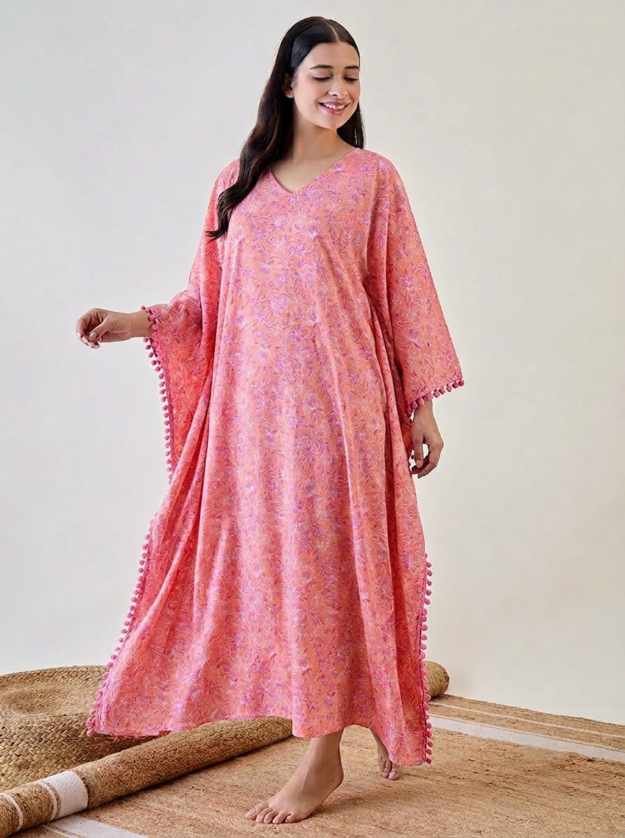 The Kaftan Company Kaftan Pink Abstract Floral Cotton Kaftan Nightdress