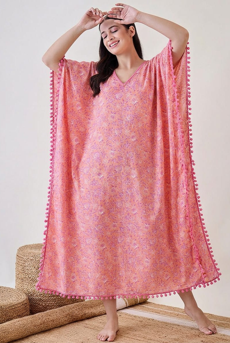 The Kaftan Company Kaftan Pink Abstract Floral Cotton Kaftan Nightdress