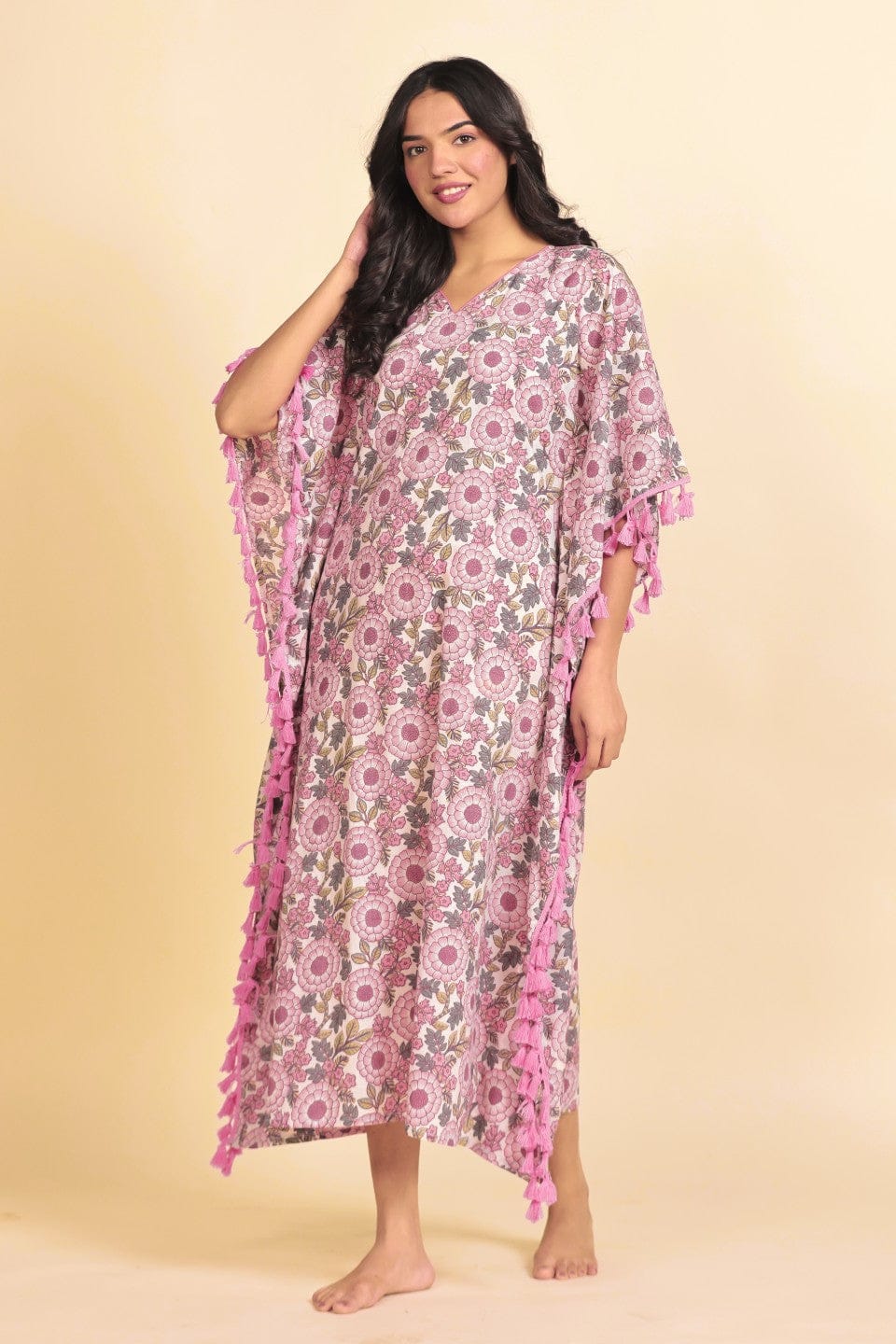 The Kaftan Company Kaftan Pink and Grey Floral Print Cotton Kaftan with Tassel Side Borders