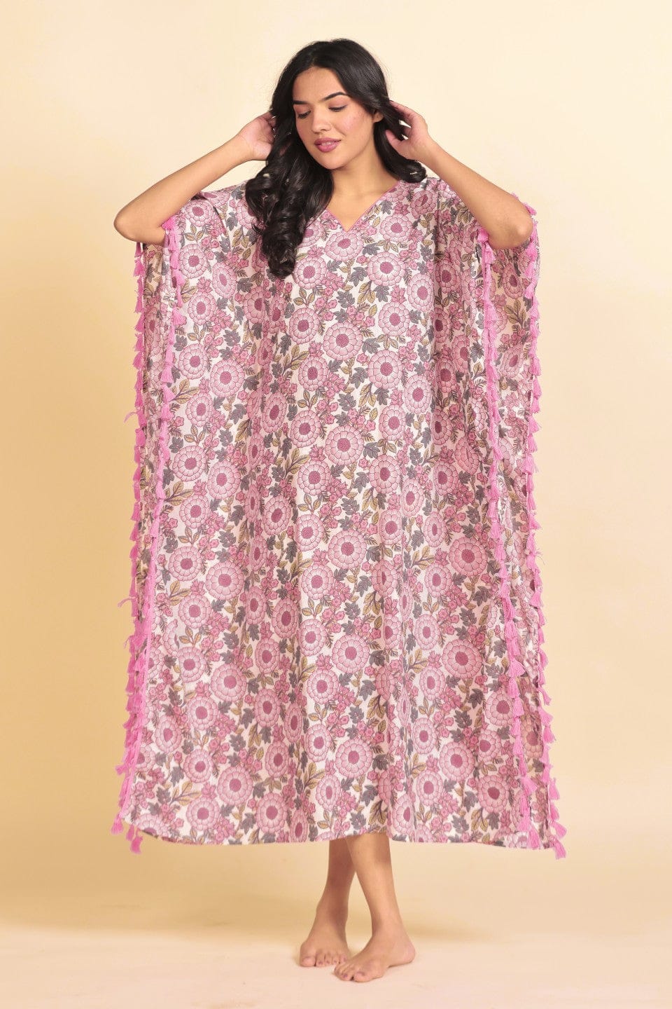 The Kaftan Company Kaftan Pink and Grey Floral Print Cotton Kaftan with Tassel Side Borders