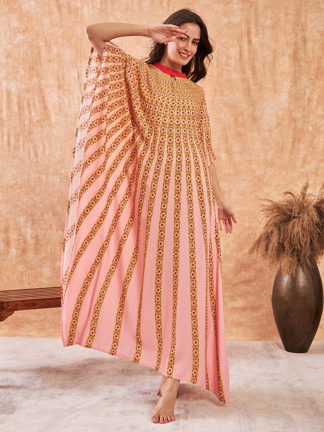 The Kaftan Company Kaftan Pink and Red Floral Strokes Kaftan