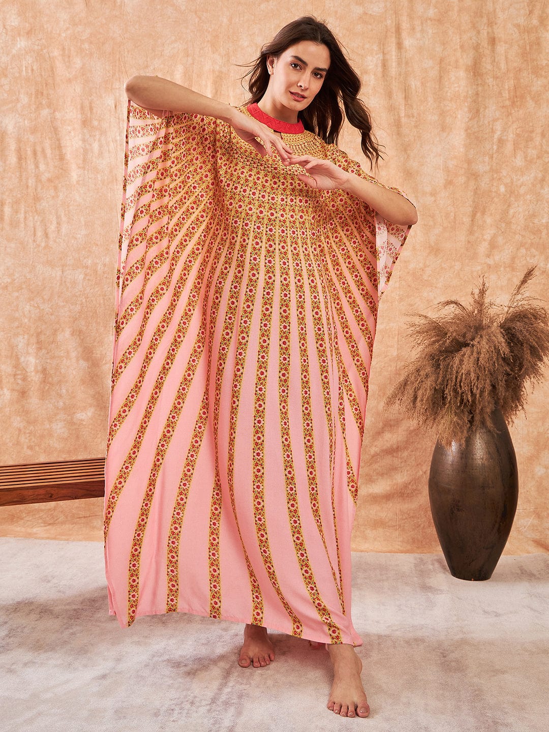 The Kaftan Company Kaftan Pink and Red Floral Strokes Kaftan