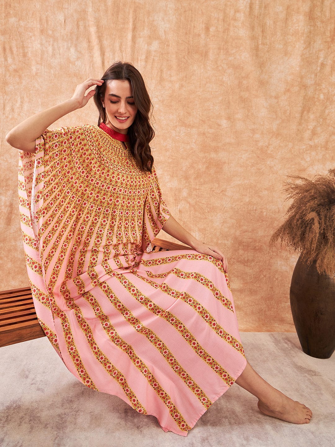 The Kaftan Company Kaftan Pink and Red Floral Strokes Kaftan