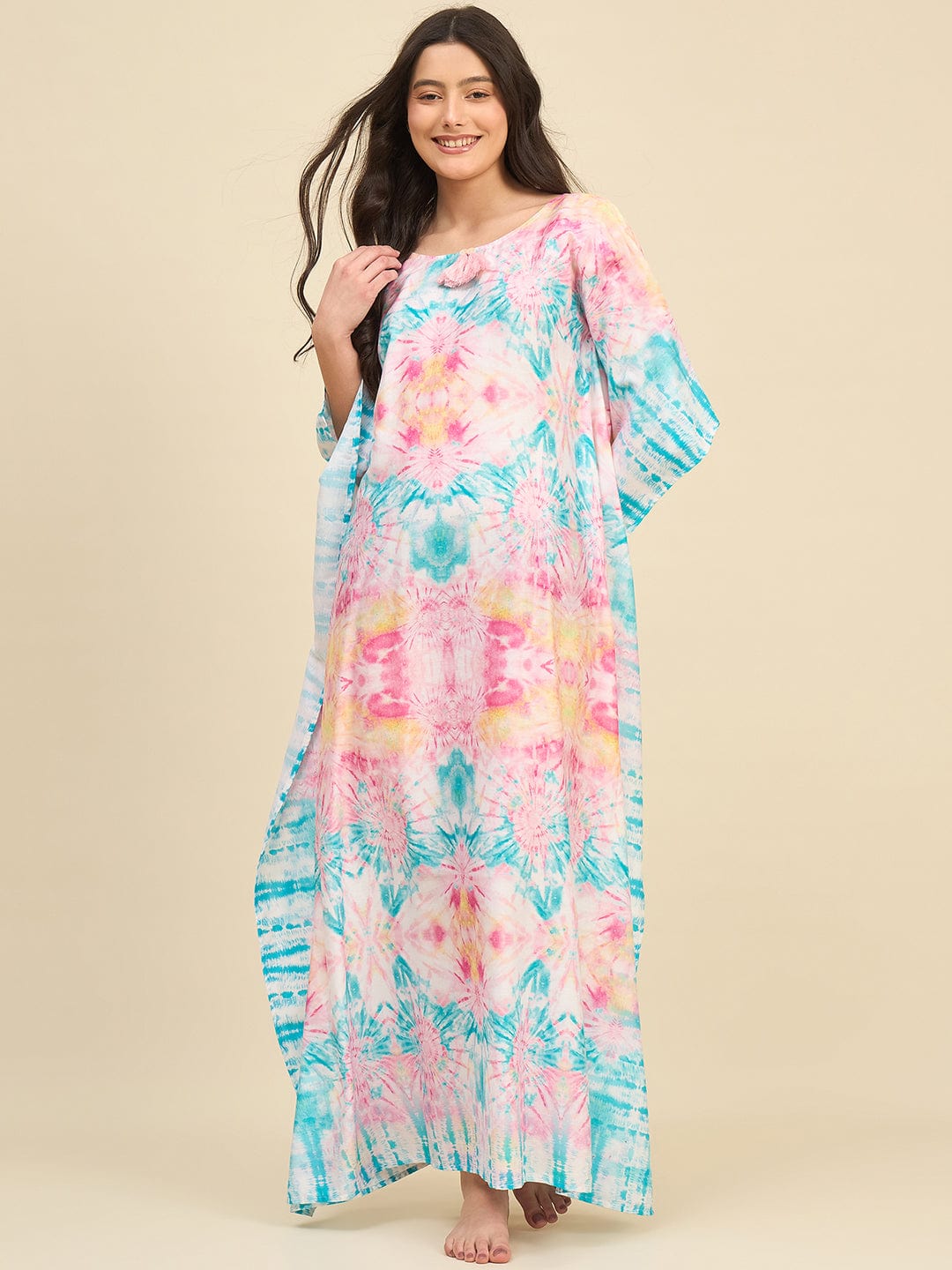 The Kaftan Company Kaftan Pink & Aqua Printed Tie-Dye Cotton Kaftan with Tassel Detail