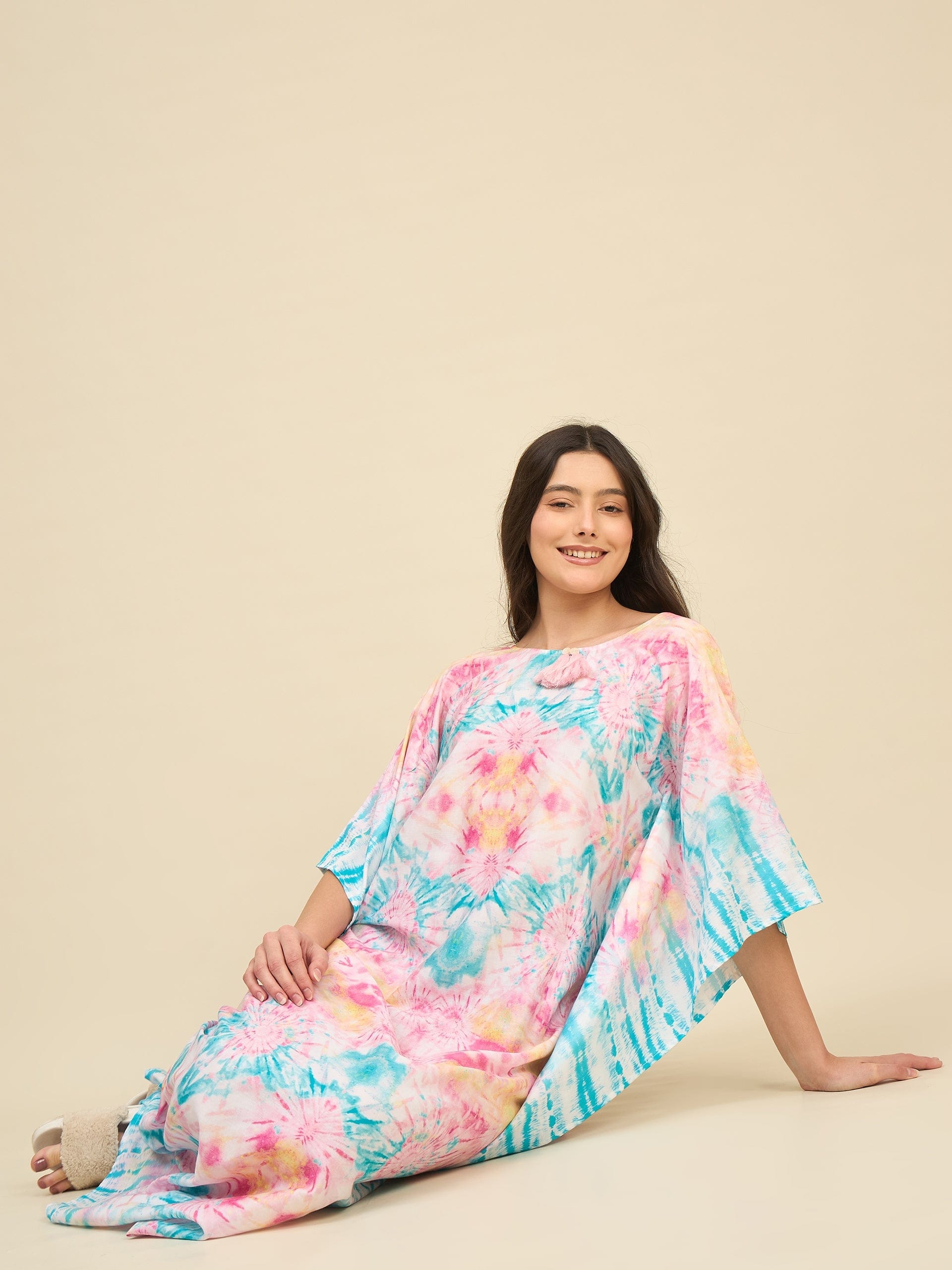 The Kaftan Company Kaftan Pink & Aqua Printed Tie-Dye Cotton Kaftan with Tassel Detail