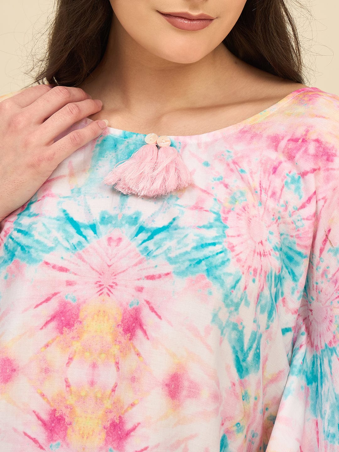 The Kaftan Company Kaftan Pink & Aqua Printed Tie-Dye Cotton Kaftan with Tassel Detail