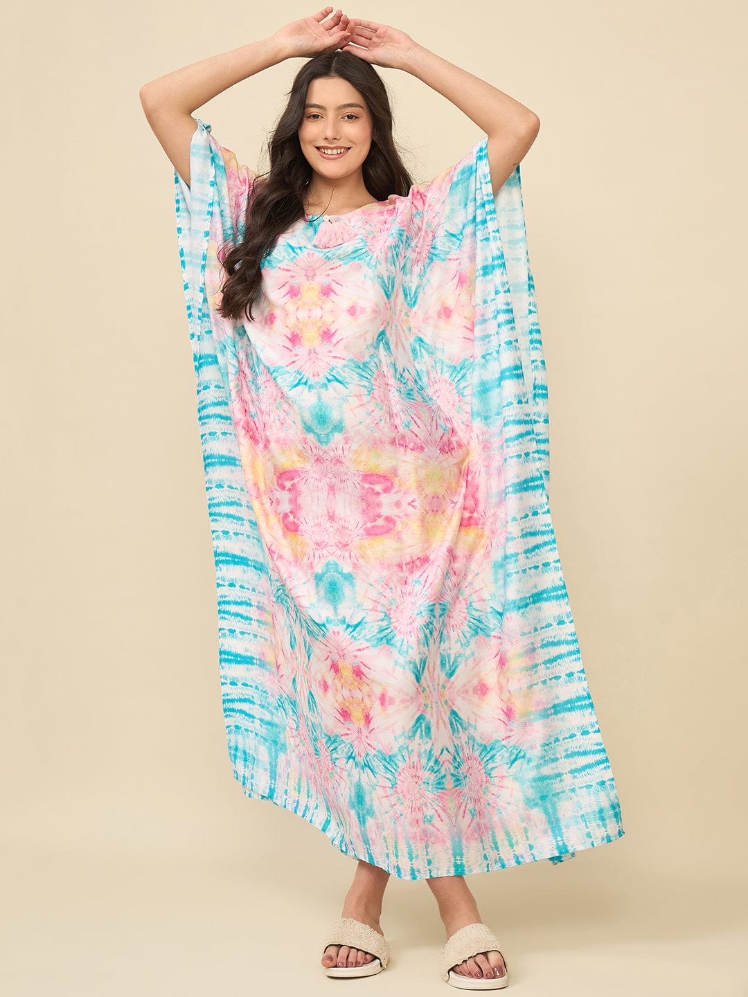 The Kaftan Company Kaftan Pink & Aqua Printed Tie-Dye Cotton Kaftan with Tassel Detail