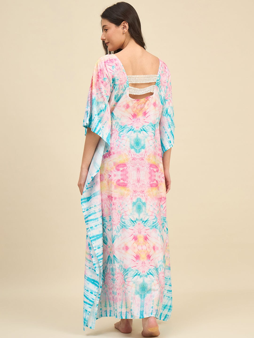 The Kaftan Company Kaftan Pink & Aqua Printed Tie-Dye Cotton Kaftan with Tassel Detail