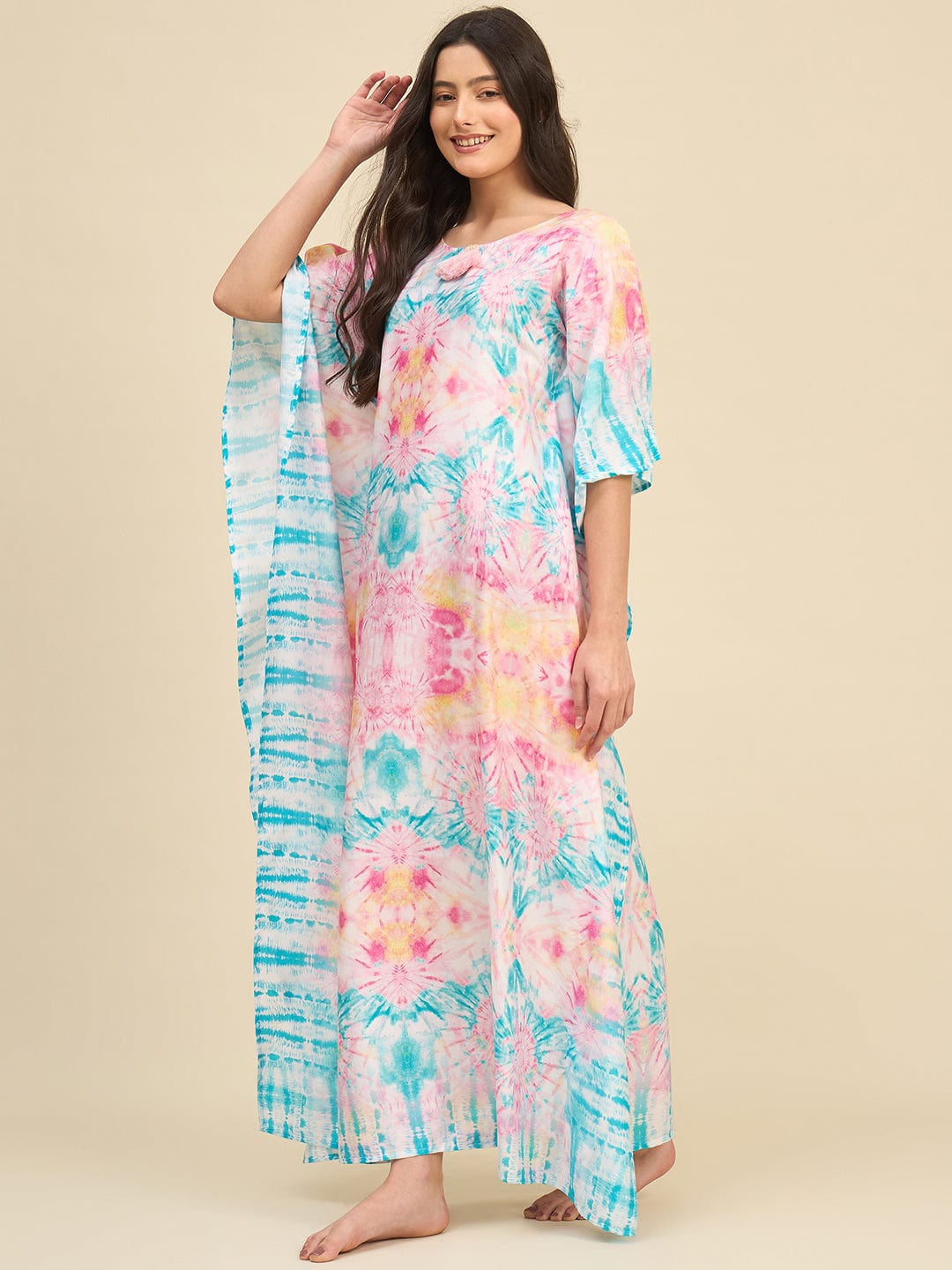 The Kaftan Company Kaftan Pink & Aqua Printed Tie-Dye Cotton Kaftan with Tassel Detail