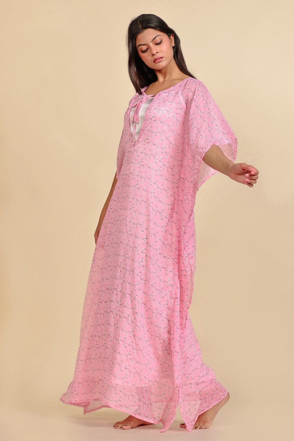 The Kaftan Company Kaftan Pink Floral Chiffon Kaftan Nightdress with Satin Slip Inner