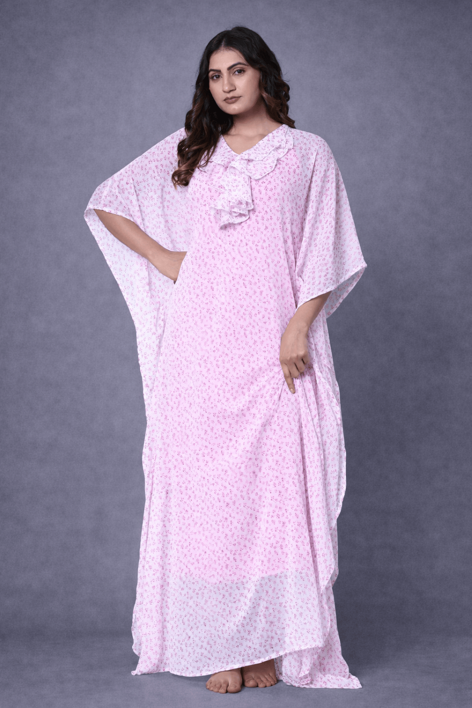 The Kaftan Company Kaftan Pink Floral Chiffon Loungewear Kaftan with Crepe Slip