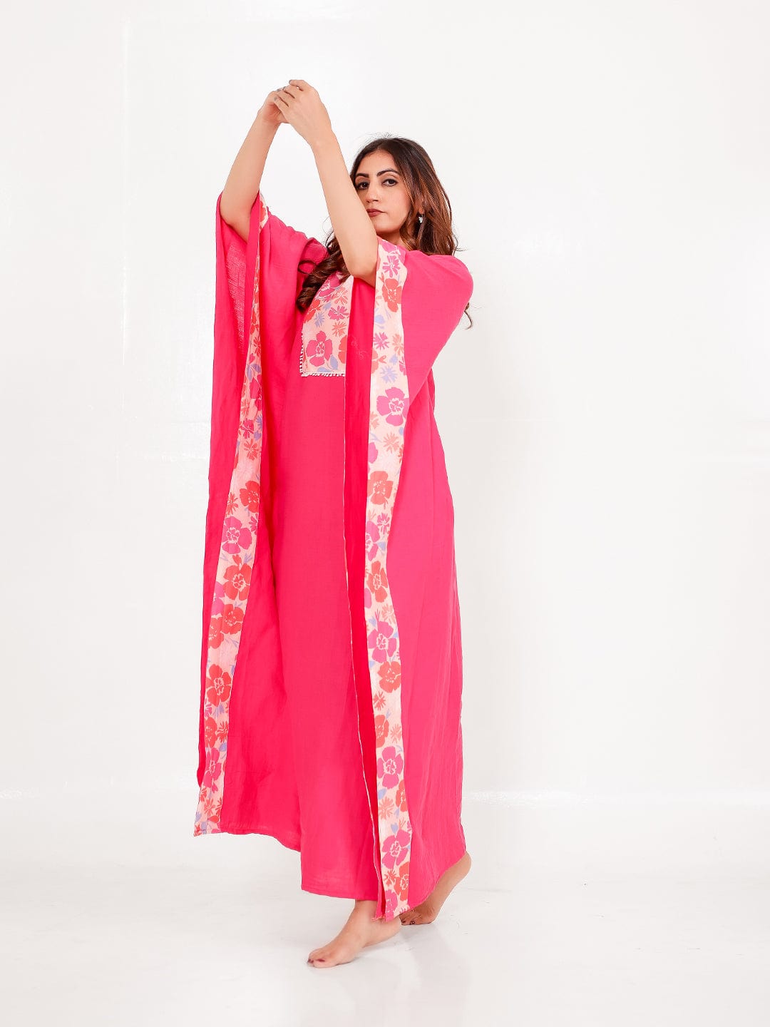 The Kaftan Company Kaftan Pink Floral Cotton Kaftan with Pockets