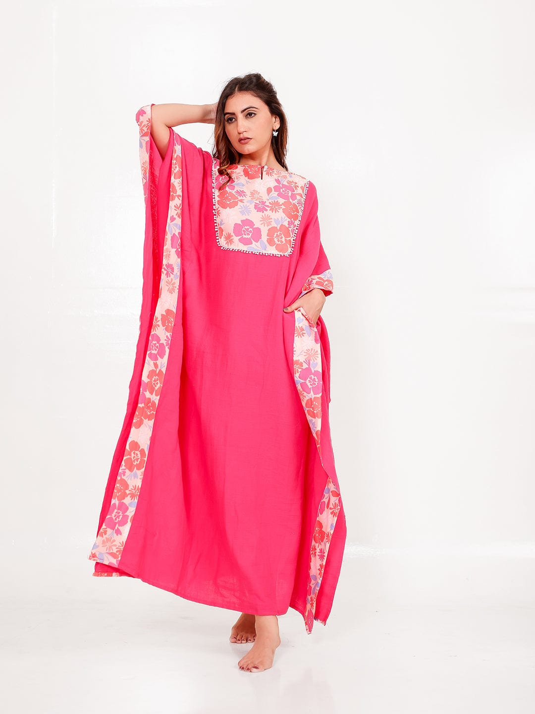 The Kaftan Company Kaftan Pink Floral Cotton Kaftan with Pockets
